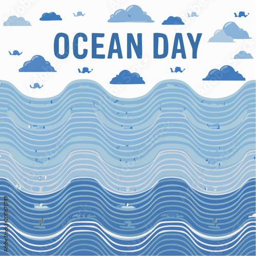 Ocean Day celebration illustration with waves and clouds
