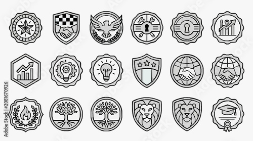 Industrial Style Black and White Line Icons Set Featuring Symbols of Business Education Nature and Global Connectivity