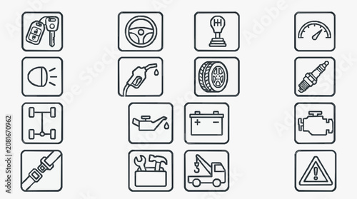 Modern Black and White Line Icons Set Featuring Car Keys Steering Wheel Spark Plug Wrench Tow Truck and More