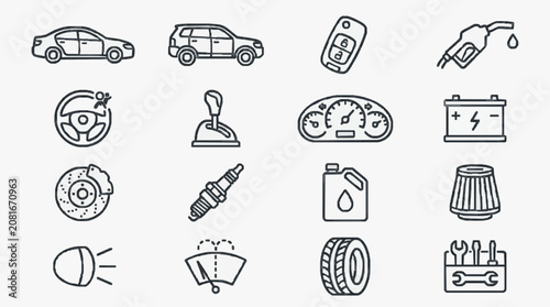 Industrial Black and White Line Drawing Icons Set Featuring Various Car Parts and Maintenance Tools