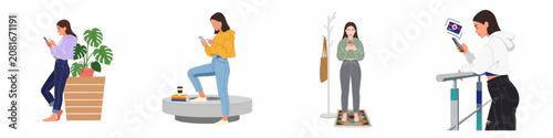 Collection of four flat illustrations featuring a young woman in various casual settings using her smartphone for daily activities and online shopping.
