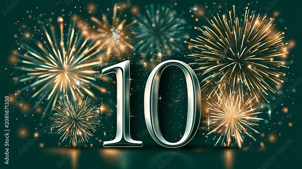 Fototapeta premium Shiny Silver Number Ten Design Celebrating A Decade Anniversary With Colorful Fireworks Display