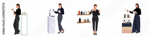 Flat vector illustrations of a female customer choosing and testing different fragrances in a luxury perfume shop or showroom setting.