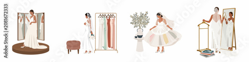 Obraz na plátně Minimalist flat illustration of brides trying on elegant wedding dresses in a boutique, featuring mirrors, dress racks, and various bridal gown styles
