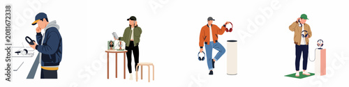 Set of flat illustrations showing young people choosing and testing various headphones in an electronics store or showroom environment.