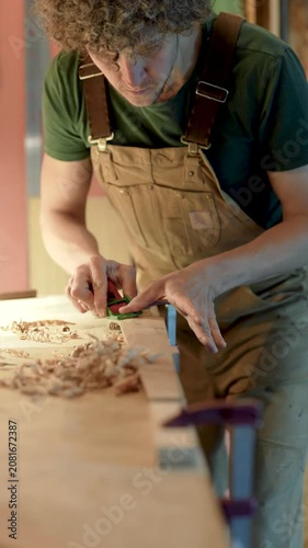 Carpenter processes future wooden legs of chair, shaping product and checks evenness of surface, small timber furniture production workshop, male woodworker using hand plane tool to model new item.