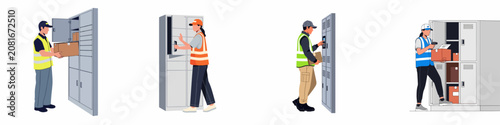 Delivery workers in high-visibility vests placing and retrieving packages from automated storage lockers, set of vector illustrations on white background.