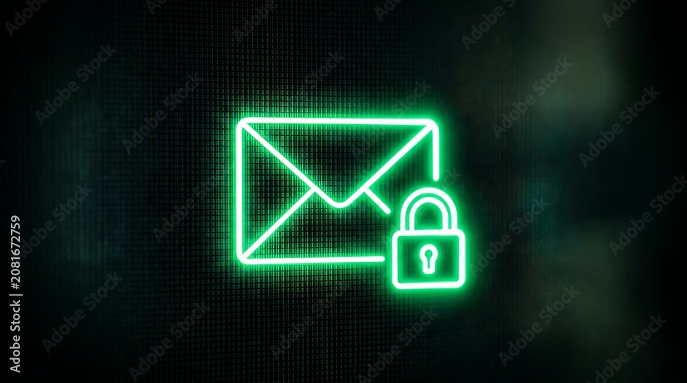 Fototapeta premium Glowing Neon Email Icon With Padlock Symbol Representing Secure Digital Communication