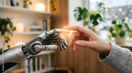 A human hand and a robotic hand touching fingertips with a warm glow