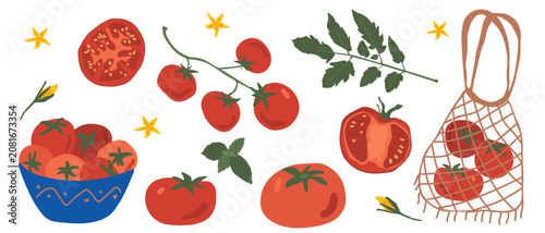 Fresh organic red tomatoes elements set with cherry tomato branch green leaves yellow flowers and eco mesh bag for summer cooking and farmers market branding gouache illustration