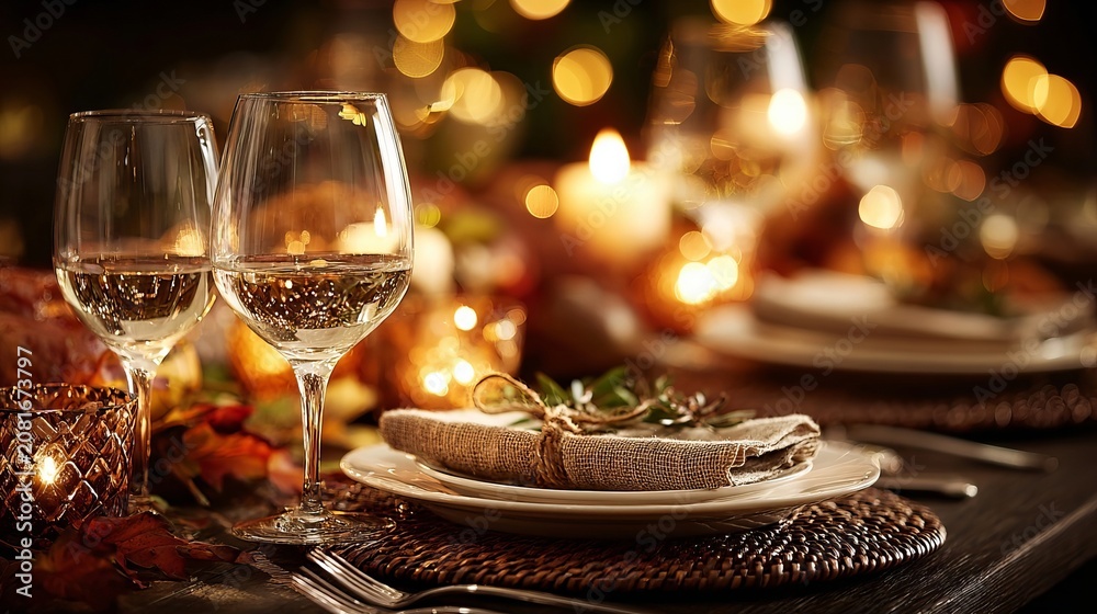 Fototapeta premium Elegant Thanksgiving Dinner Table Setting with Wine Glasses and Warm Golden Bokeh Light Background