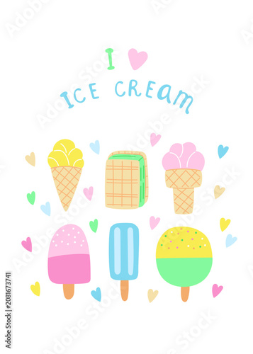 Cute kawaii ice cream vector illustration set with colorful cartoon popsicles and waffle cones. Summer sweets collection with 