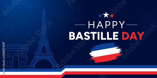 Bild auf Leinwand Happy Bastille Day vector banner illustration with Eiffel Tower, fireworks, and