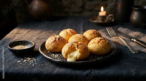 Cuñapé on linen tablecloth, Bolivian cheese bread