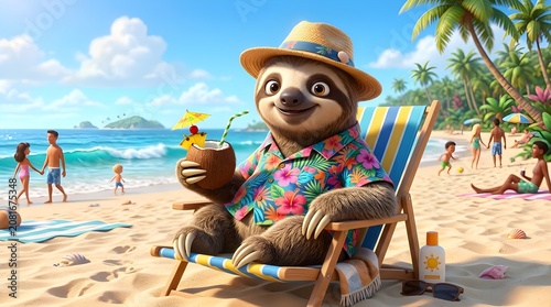 Otter in beach chair, tropical vacation, summer fun, colorful Hawaiian shirt