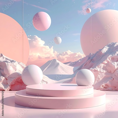 A futuristic pink landscape with floating spheres and mountains