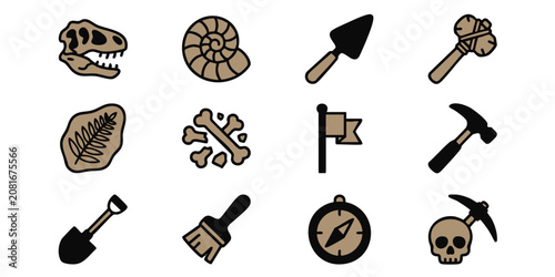 Fotografía Fossil excavation process with various tools and dinosaur remains on display out