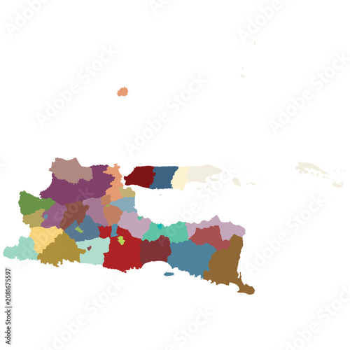 Detailed vector map of East Java (Jawa Timur) province with 38 regencies.