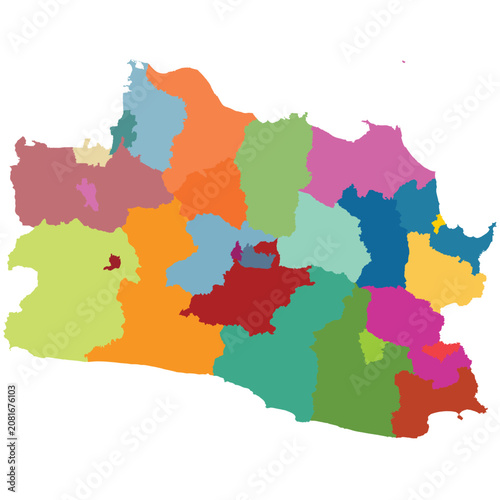 Detailed vector map of West Java (Jawa Barat) province with 27 regencies.
