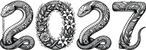 Konstfotografi 2027 Number Snake Floral Illustration Black and White Line Art