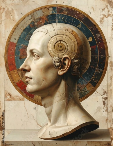 A marble bust of a man with a circular, multicolored astronomical map behind his head