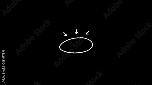 Circle, doodle, scribble, a simple white oval shape with three arrows pointing downwards on a black background