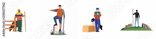 Foto Set of flat vector illustrations depicting rural life and cattle farming activities featuring men as shepherds and farmers in the countryside