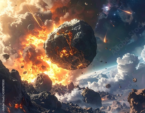 A massive asteroid crashes into a planet amidst a fiery explosion
