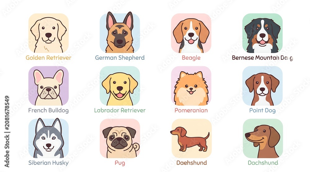 Fototapeta premium Cartoon dog breeds including Golden Retriever, German Shepherd, Beagle, Bernese Mountain Dog, French Bulldog, and others on a colorful background
