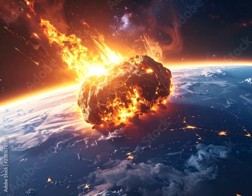 A massive asteroid engulfed in flames as it collides with a planet