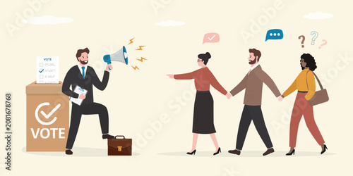 Voting and election campaign. Politician uses megaphone and calling for Vote. Group of citizens go to the polls. Smart man voting with ballot box. Election day,