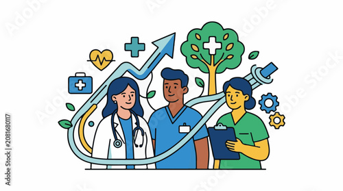 A colorful illustration of medical professionals with a growing trend line and health symbols