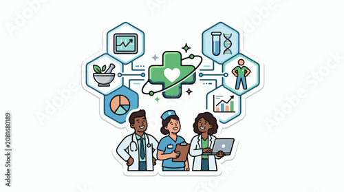 Diverse healthcare professionals collaborate on medical research and data analysis