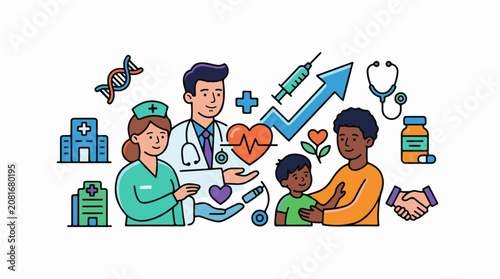Diverse healthcare professionals assisting a family and symbolizing health