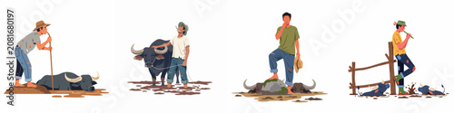 Quadro su tela Flat illustration set of Southeast Asian farmers and their water buffaloes in muddy rural settings
