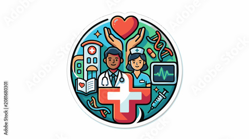 Caring medical professionals heart DNA and hospital in stylized circle