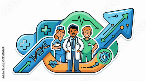 A colorful cartoon illustration of three medical professionals standing together