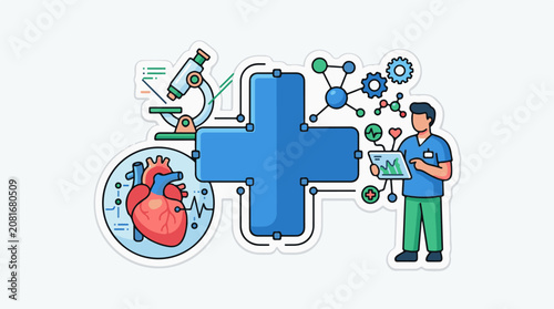 Medical research symbols heart microscope DNA doctor and plus sign