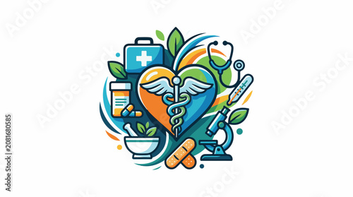Medical icons with caduceus symbol within a heart shape