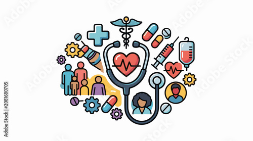 Colorful medical icons form a circular collage with a heart and stethoscope