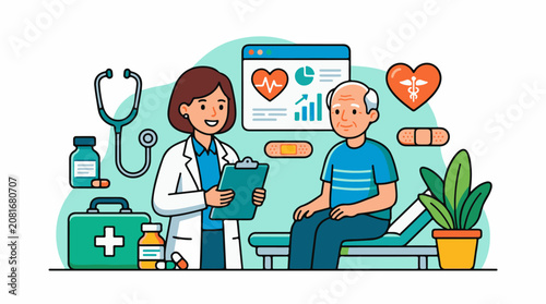 Doctor consults elderly patient with medical supplies and health graphics