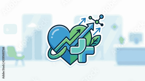 A heart with an ECG line and a plus sign and leaf