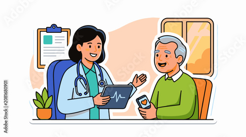 Doctor consulting elderly patient with medical data on tablet