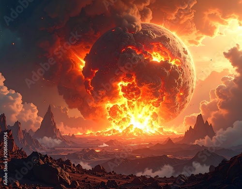 A massive explosion engulfs a planet in flames and smoke