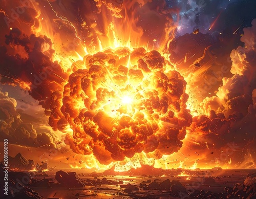 A massive explosion creates a gigantic mushroom cloud with vibrant orange and yellow hues, intense light, and debris scattered across the darkened landscape