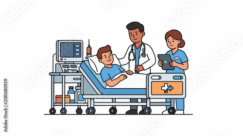 Doctor and nurse caring for patient in hospital room
