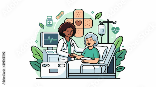 Doctor tending to a patient in a hospital bed with medical equipment