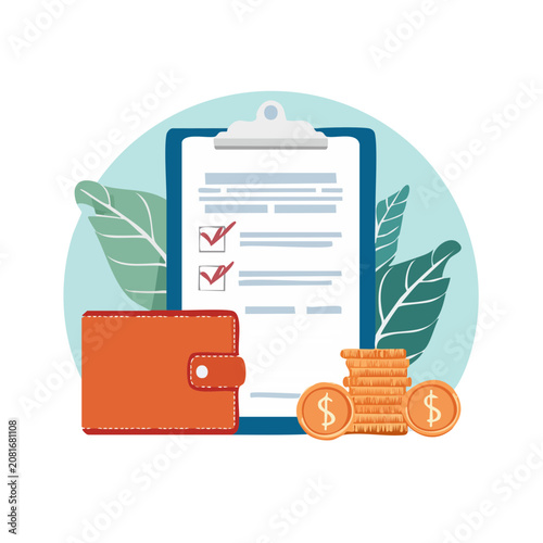 Financial planning flat vector illustration with clipboard and wallet