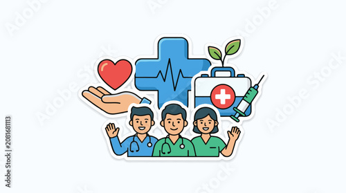 Caring medical team with heart pulse and aid symbols