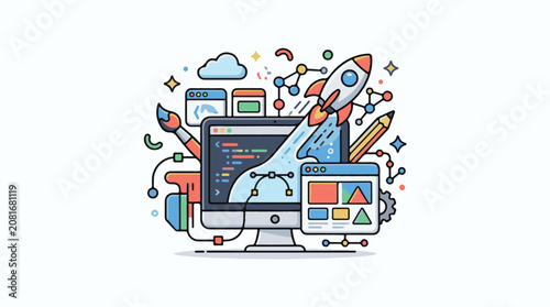 Colorful illustration of a computer surrounded by creative and technological symbols